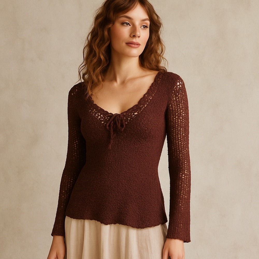 Vintage Y2K Rampage Brown Crochet Knit‎ Top Boho Festival Hippie Fairycore S